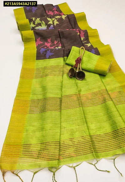 Elegant Tussar Silk Saree - Floral Print & Zari Border for Women