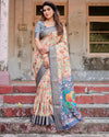 Elegant Tussar Silk Saree for Women | Hand-Painted Floral Design