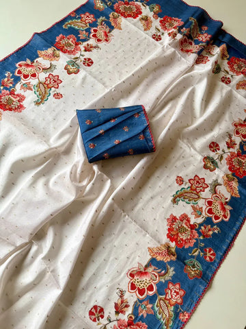 Elegant Tusser Silk Saree - Floral Digital Print & Embroidery for Festive Wear