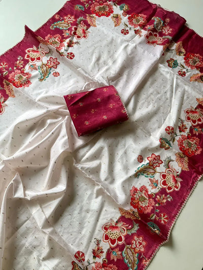 Elegant Tusser Silk Saree - Floral Digital Print & Embroidery for Festive Wear