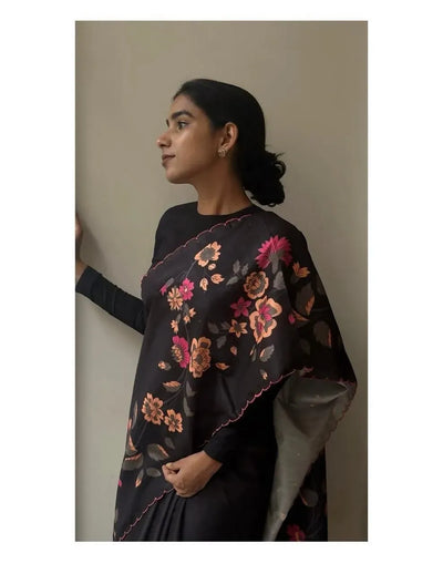 Elegant Tusser Silk Saree - Floral Digital Print with Cutwork Border for Festive & Wedding Wear