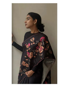 Elegant Tusser Silk Saree - Floral Digital Print with Cutwork Border for Festive & Wedding Wear