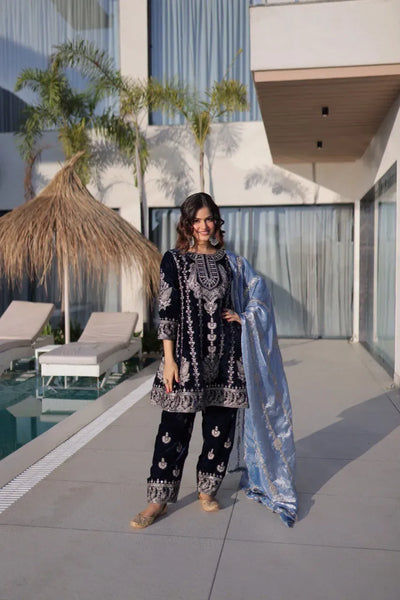 Elegant Velvet Embroidered Suit - Rich Zari Work Festive Wear for Women | M-XXL