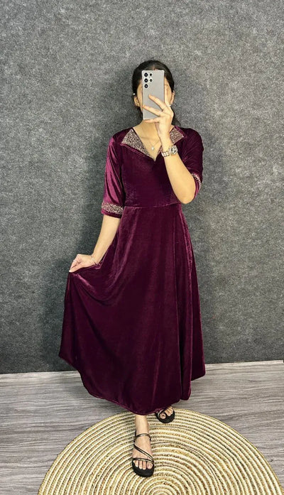 Elegant Velvet Gown - Designer Hand Work for Wedding & Festive Wear