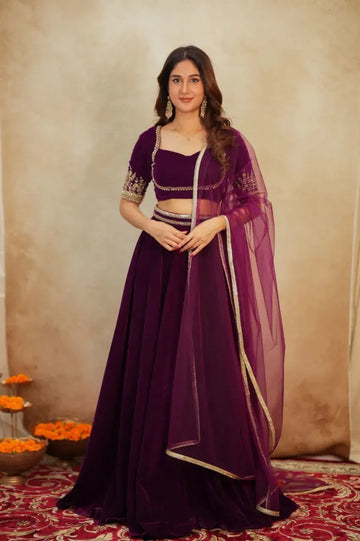 Elegant Velvet Lehenga - Heavy Dori & Sequins Work for Festive Party Wear