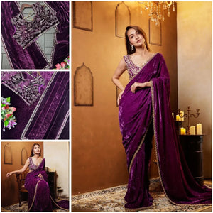 Elegant Velvet Saree - Luxe Embroidery & Ready Blouse for Women