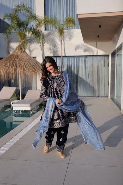 Elegant Velvet Zari Embroidered Suit Set - Bell Sleeve Party Wear for Women