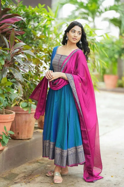 Elegant Vichitra Silk Gown with Jacquard Zari Weaving for Festive Wear
