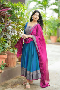Elegant Vichitra Silk Gown with Jacquard Zari Weaving for Festive Wear