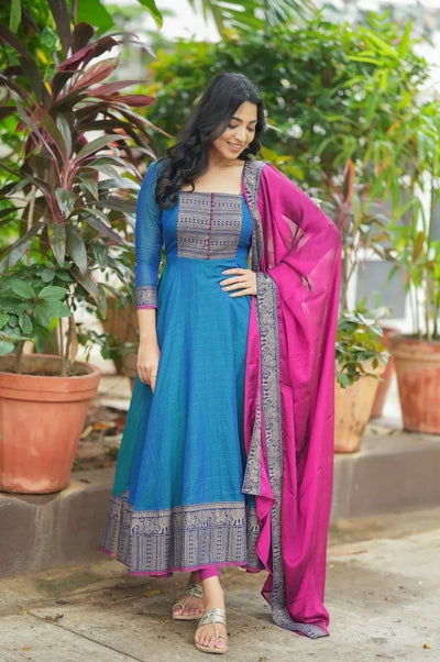 Elegant Vichitra Silk Gown with Jacquard Zari Weaving for Festive Wear