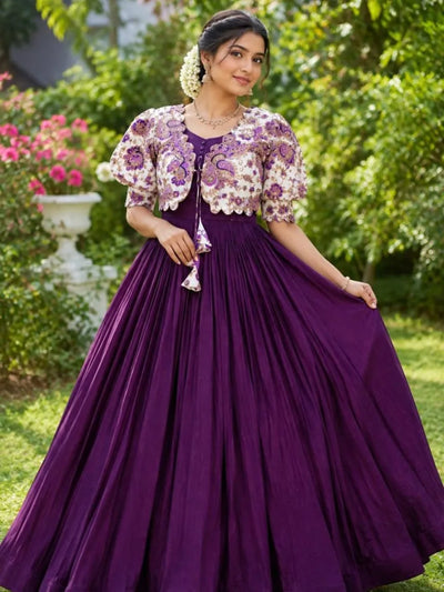 Elegant Vichitra Silk Gown with Printed Floral Coat - Festive Wear for Women