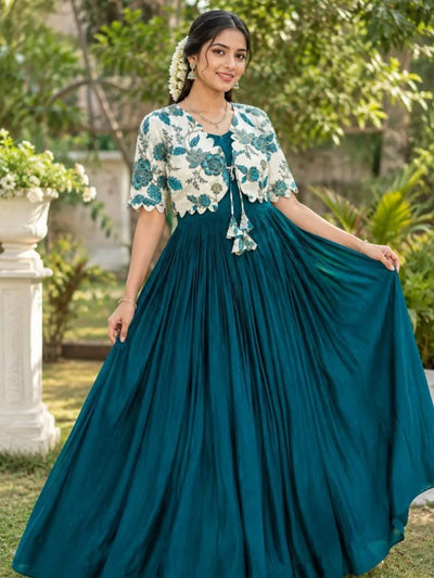 Elegant Vichitra Silk Gown with Printed Floral Coat - Festive Wear for Women