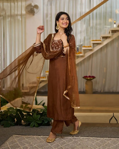 Elegant Vichitra Silk Suit Set with Organza Dupatta for Festive & Party Wear | Sizes S-XXL