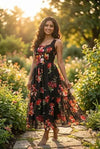 Elegant Vintage Floral Midi Dress - Scalloped Square Neckline for Women