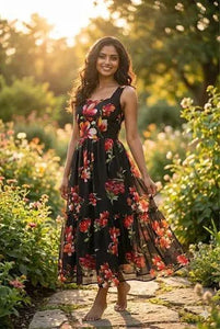 Elegant Vintage Floral Midi Dress - Scalloped Square Neckline for Women