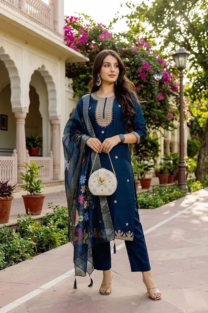 Elegant Viscose Chanderi Kurti Set | Embroidered Festive... – TREND BUY
