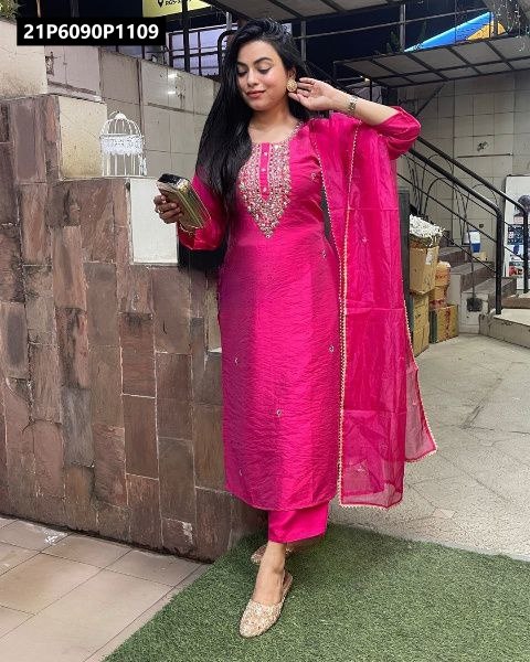 Women's Viscose Chanderi Suit Set in Fuchsia Pink with Organza Dupatta, full length model shot