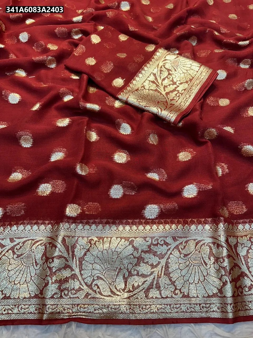 TRENDBUY Viscose Georgette Saree in Red with Zari Weaving and Running Blouse