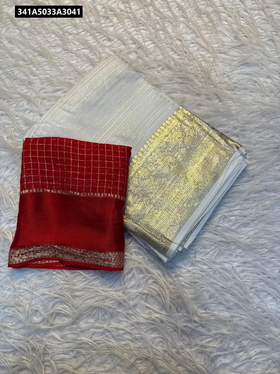 TRENDBUY Viscose Georgette Saree with Red Blouse and Gold Satin Border flat lay