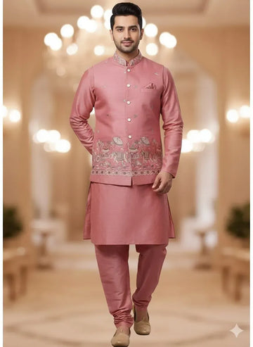 Elegant Viscose Kurta Pyjama Set with Heavy Daman Work Koti for Men