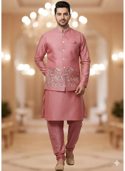 Elegant Viscose Kurta Pyjama Set with Heavy Daman Work Koti for Men
