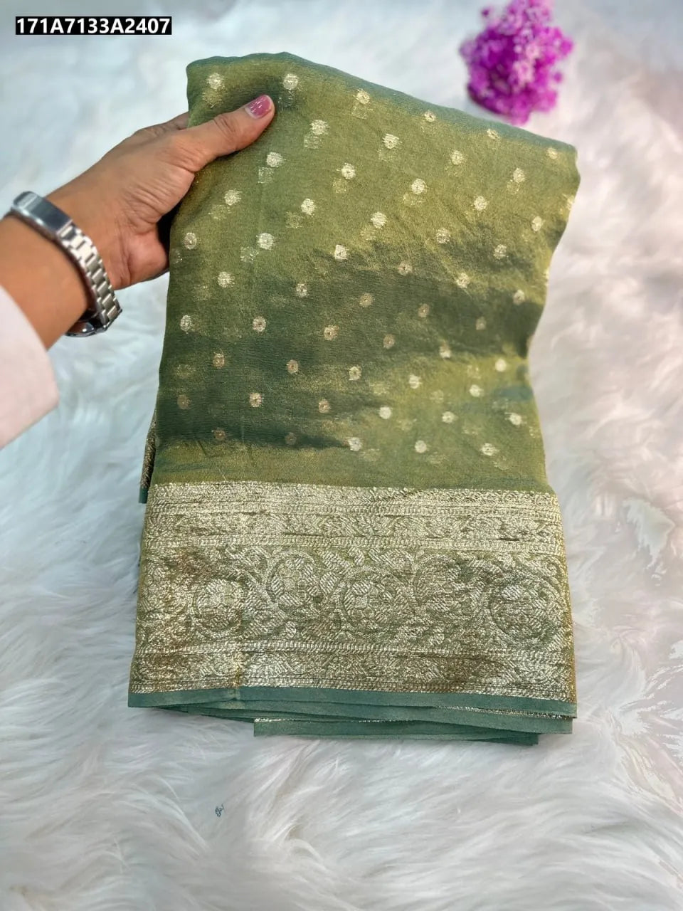 Elegant Sage Green Viscose Tissue Silk Saree with Golden Shine