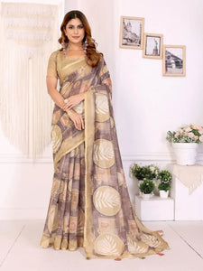 Elegant White Chanderi Saree - Digital Leaf Print Festive Wear for Women