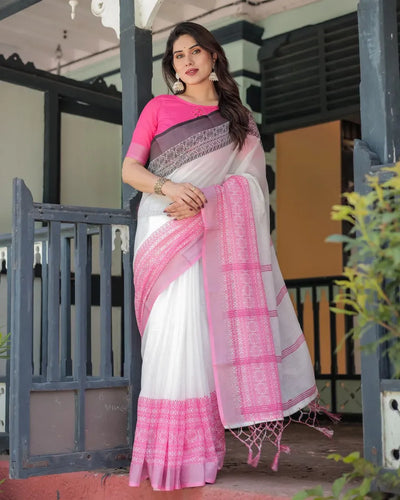 Elegant White & Pink Cotton Saree - Breathable Handwoven Festive Wear for Women