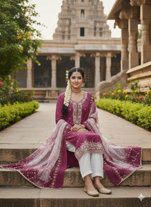 Elegant Wine Designer Suit - Heavy Embroidery Festive Wear for Women