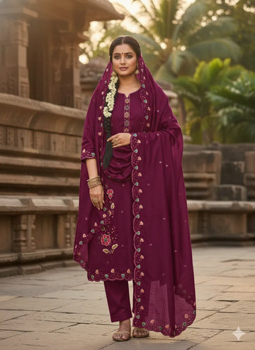 Elegant Wine Embroidered Dress Material - Glamorous Festival Wear for Women