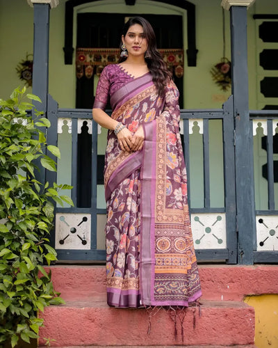 Elegant Wine Purple Floral Linen Cotton Saree - Lightweight Festive and Office Wear for Women