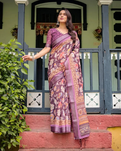 Elegant Wine Purple Floral Linen Cotton Saree - Lightweight Festive and Office Wear for Women