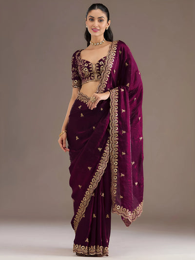 Elegant Wine Tissue Saree - Multi-Sequins & Zari Embroidery for Party & Festive Wear