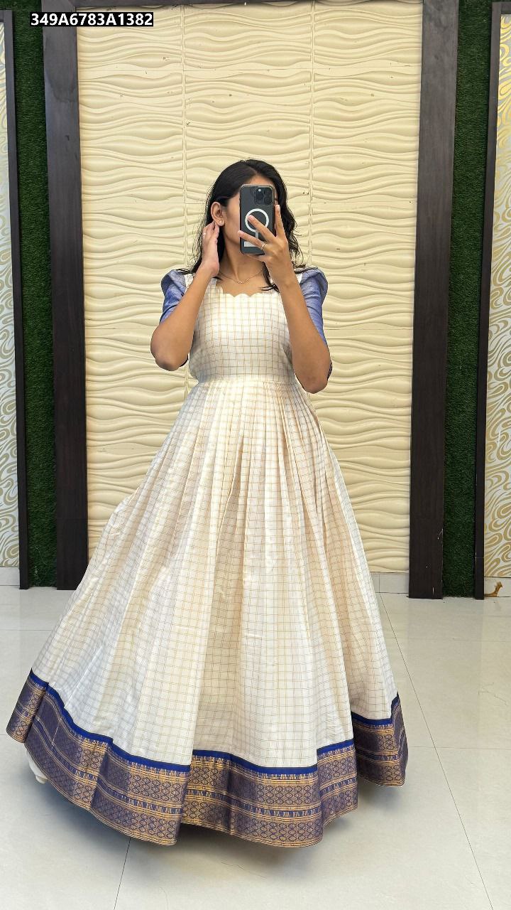 Elegant Women's Cotton Silk Gown with Blue Jacquard Border and Sleeves - Front View