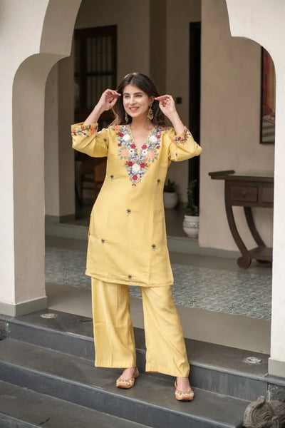 Elegant Yellow French Crepe Kurti Set - Embroidered for Women