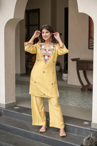 Elegant Yellow French Crepe Kurti Set - Embroidered for Women