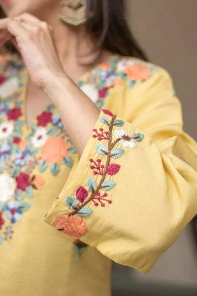 Elegant Yellow French Crepe Kurti Set - Embroidered for Women
