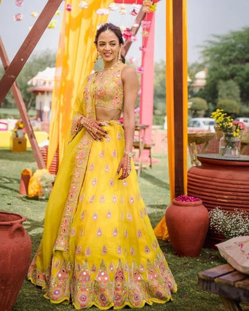 Elegant Yellow Georgette Lehenga Choli - Heavy Mirror & Thread Work for Weddings