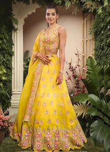 Premium Yellow Georgette Lehenga Choli with Contrast Embroidered Blouse for Weddings