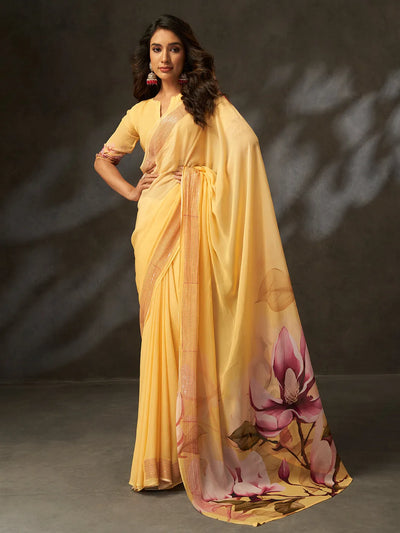 Elegant Yellow Georgette Saree - Digital Print & Croset Work for Women