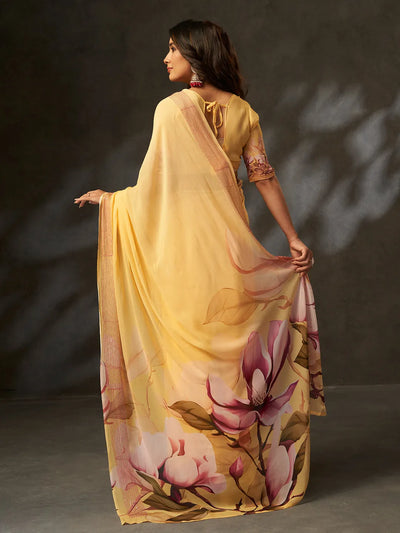 Elegant Yellow Georgette Saree - Digital Print & Croset Work for Women