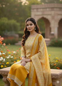 Elegant Yellow Jacquard Silk Suit - Unstitched Embroidery Material