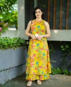 Elegant Yellow Kalamkari Linen Kurti Set - Lightweight Festive Wear for Women