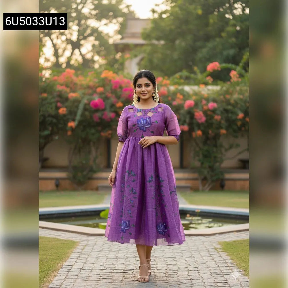Model wearing Lavender Ellie Floral Maxi Dress by TRENDBUY, standing front-facing in a garden.