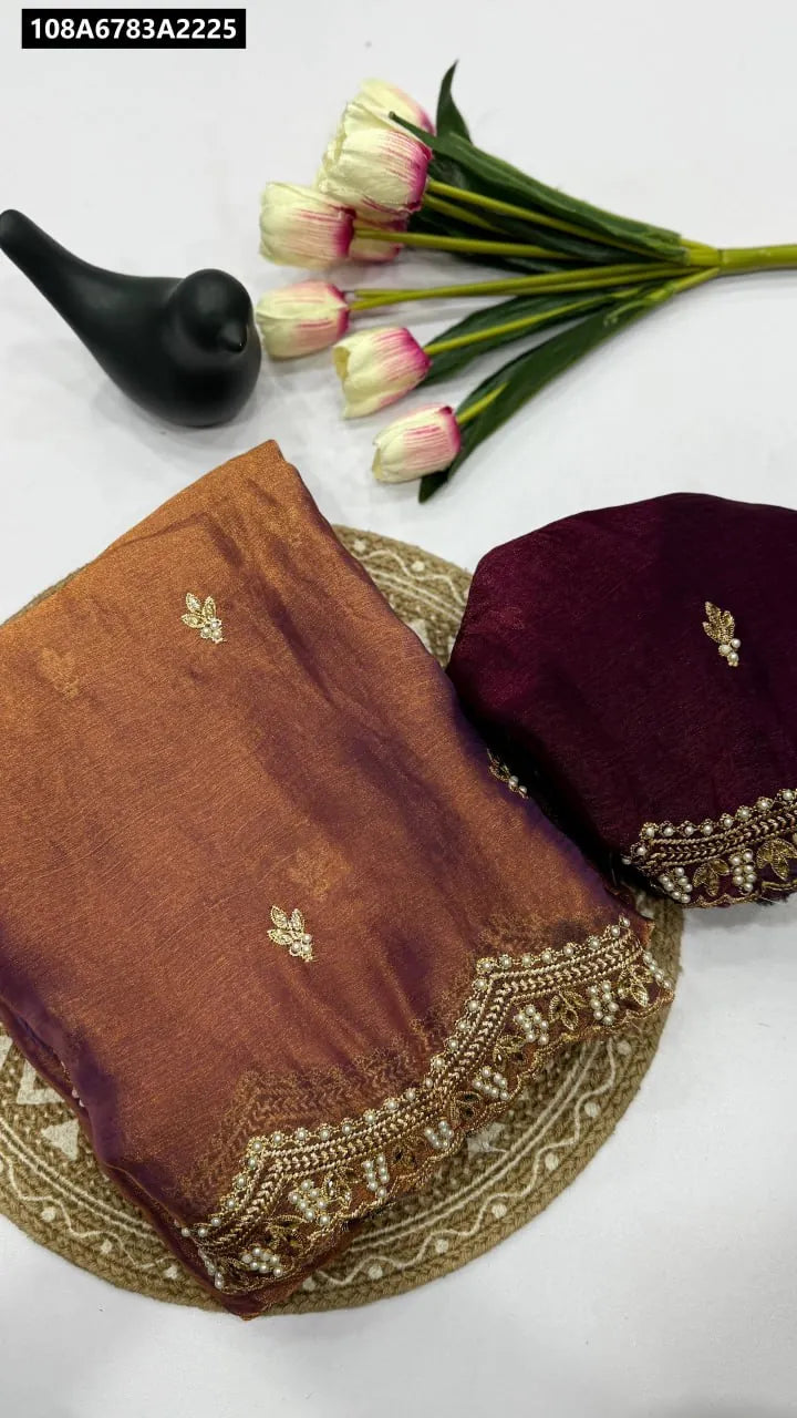 TRENDBUY Metallic Bronze Fabric Saree with Cut Border Embroidery and Dark Maroon Blouse, flat lay product shot.