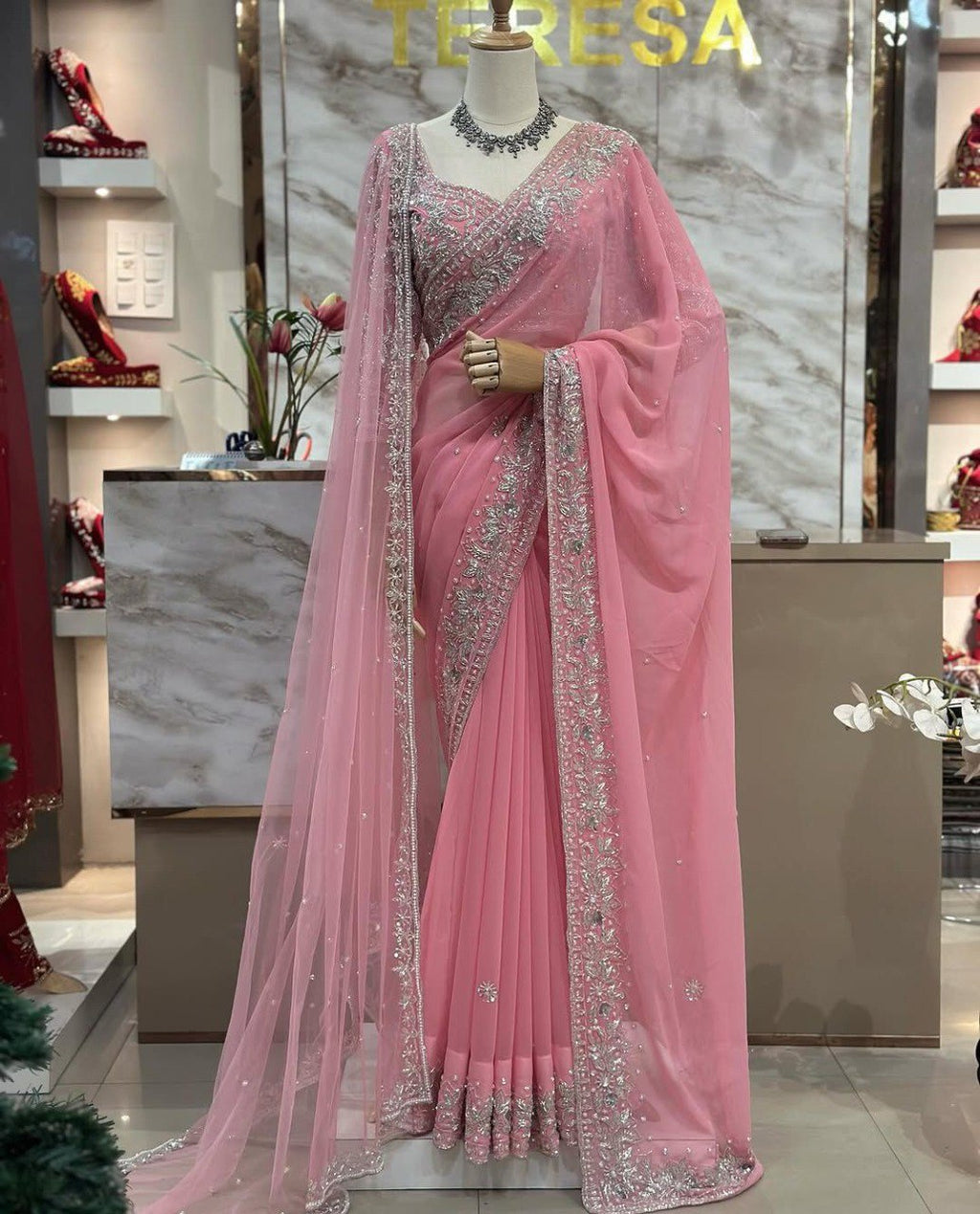 TRENDBUY Embellished Georgette Saree with Pearl Work, complete bridal look
