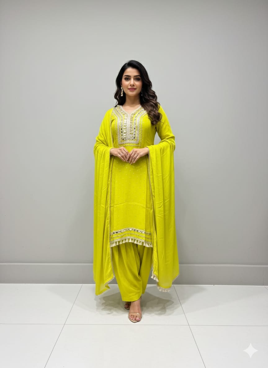 Woman posing in a vibrant Lime Green Embellished Shimmer Kurti Set by TRENDBUY.