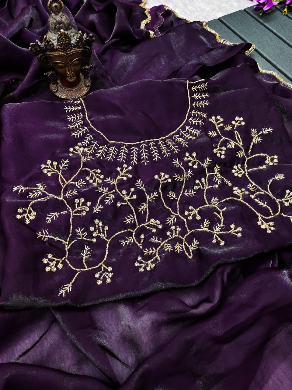 TRENDBUY Soft Satin Chiffon Silk Saree in Wine with Khatliwork Blouse