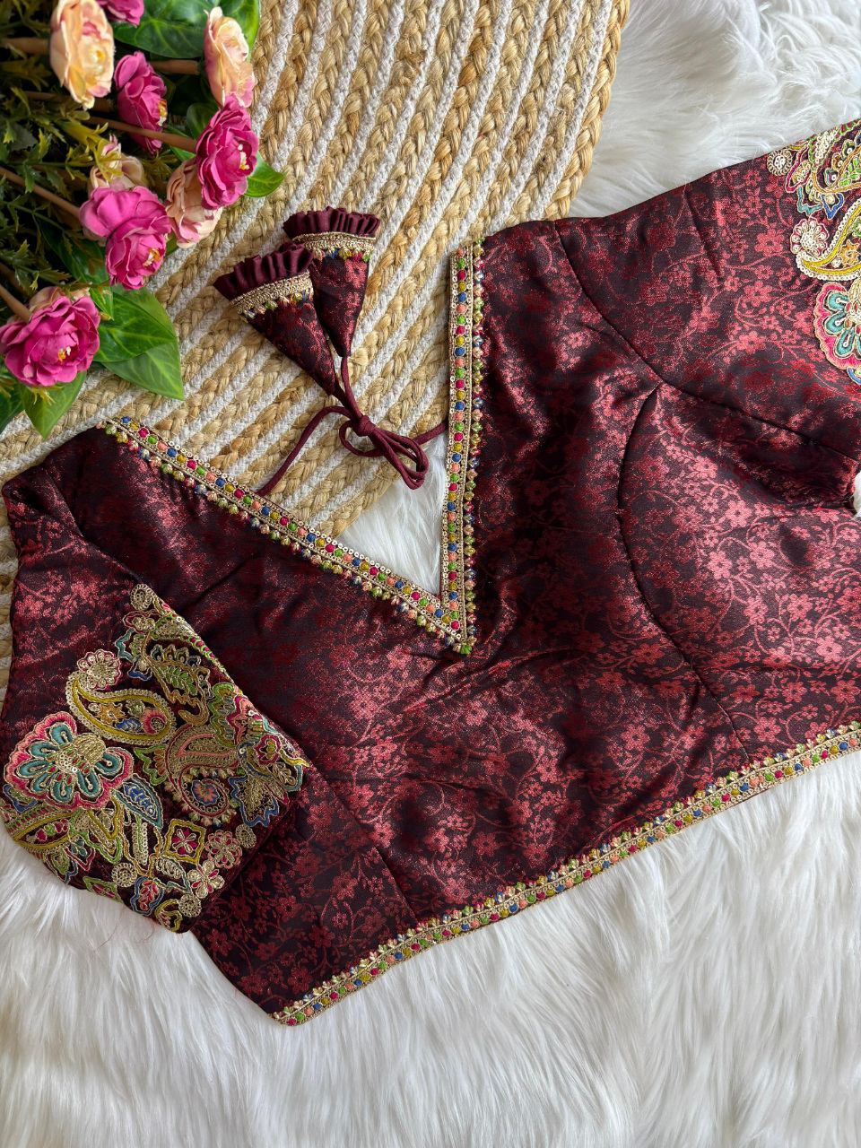 Maroon Embossed Silk Blouse with multi-color thread work sleeves and latkans