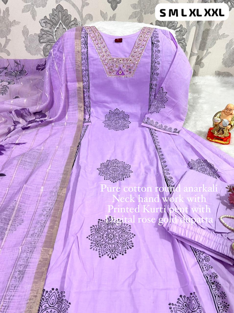 TRENDBUY Women's Lavender Embroidered Anarkali Kurta Set with Digital Print Dupatta - Front View